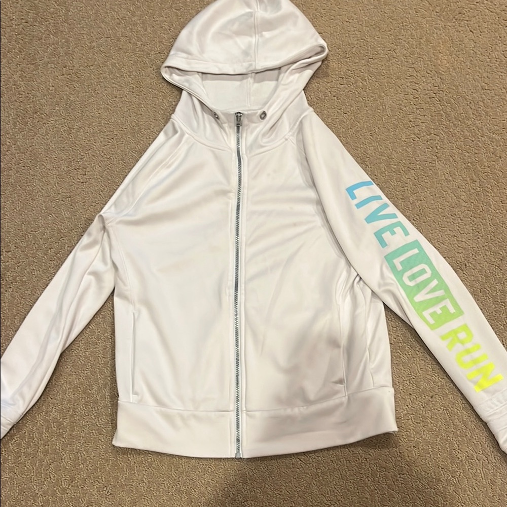 White Hoodie with Colorful Sleeve Text